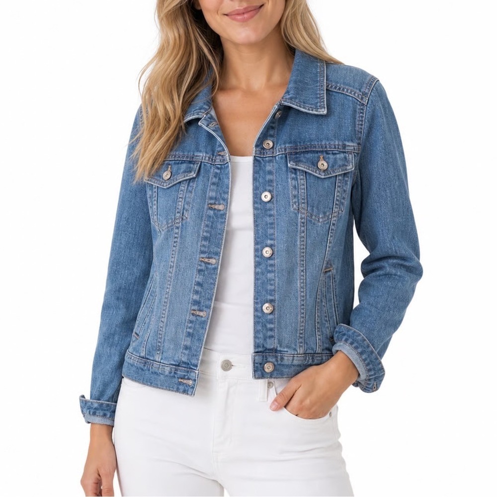 Sonoma Life + Style Womens Medium Wash Blue Denim Trucker Jacket Size L Stretch